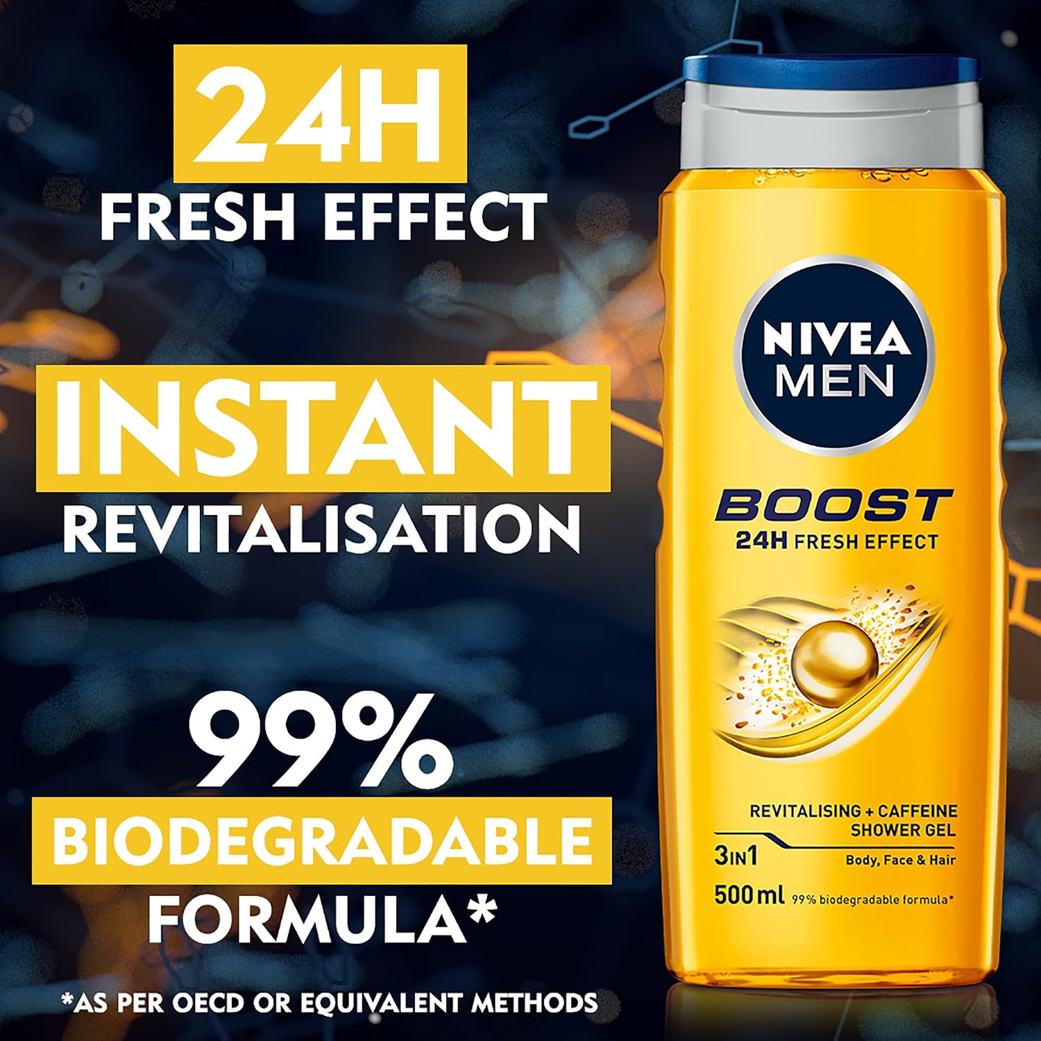 Boost Duş Jeli 500 ml, 3'ü 1 Arada Komple Bakım, Vücut, Saç ve Yüz için, Kafein ile Canlandırıcı Bakım