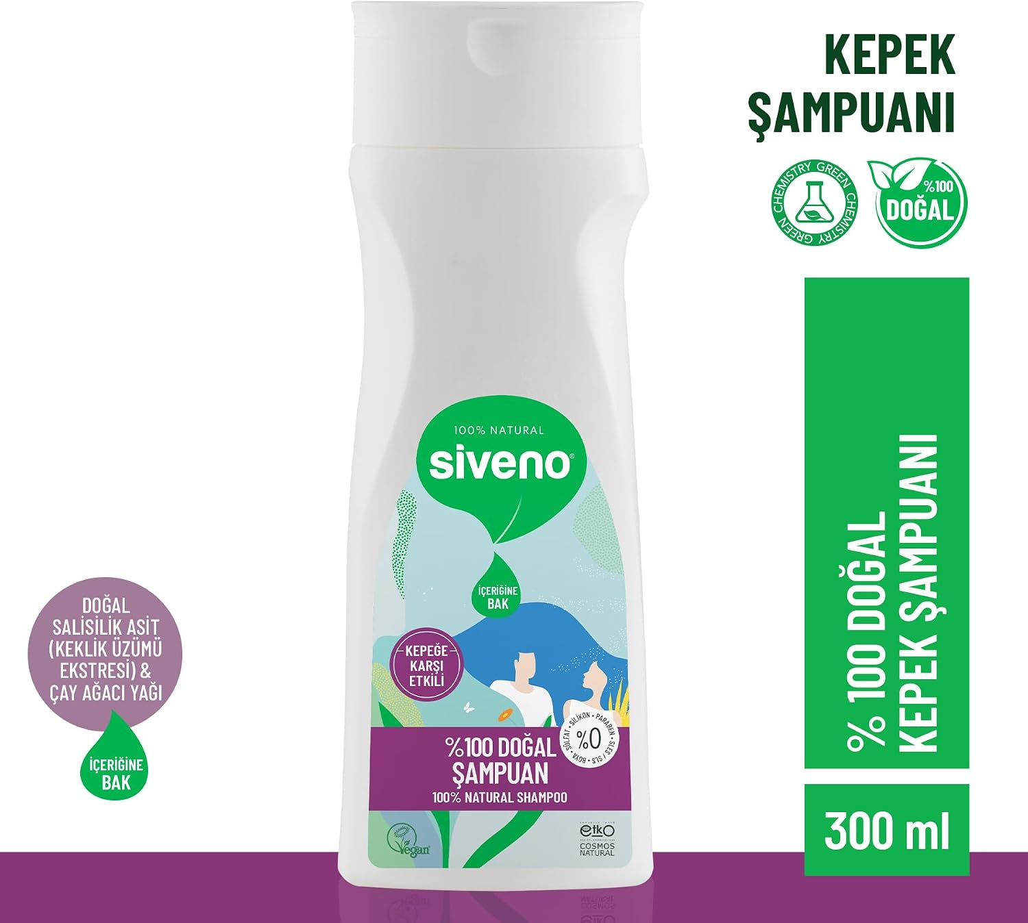 %100 Doğal Kepeğe Karşı Etkili Şampuan Günlük Bakım Yağlı Saçlar Çay Ağacı Keklik Üzümü Vegan 300 ml