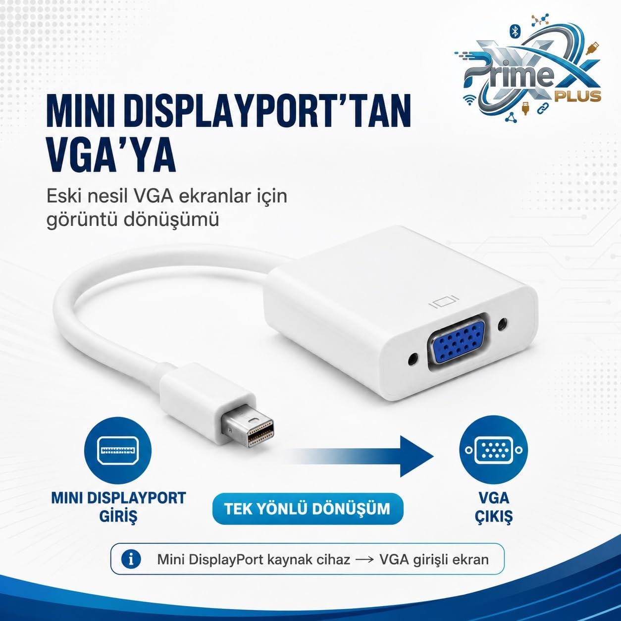 PrimeX PX-1515 Mini DisplayPort to VGA Çevirici, MacBook Mini Display to VGA Adaptör, 15 cm Beyaz Görüntü Dönüştürücü, Mini DP Erkek to VGA Dişi Monitör Projeksiyon TV Bağlantı Aparatı