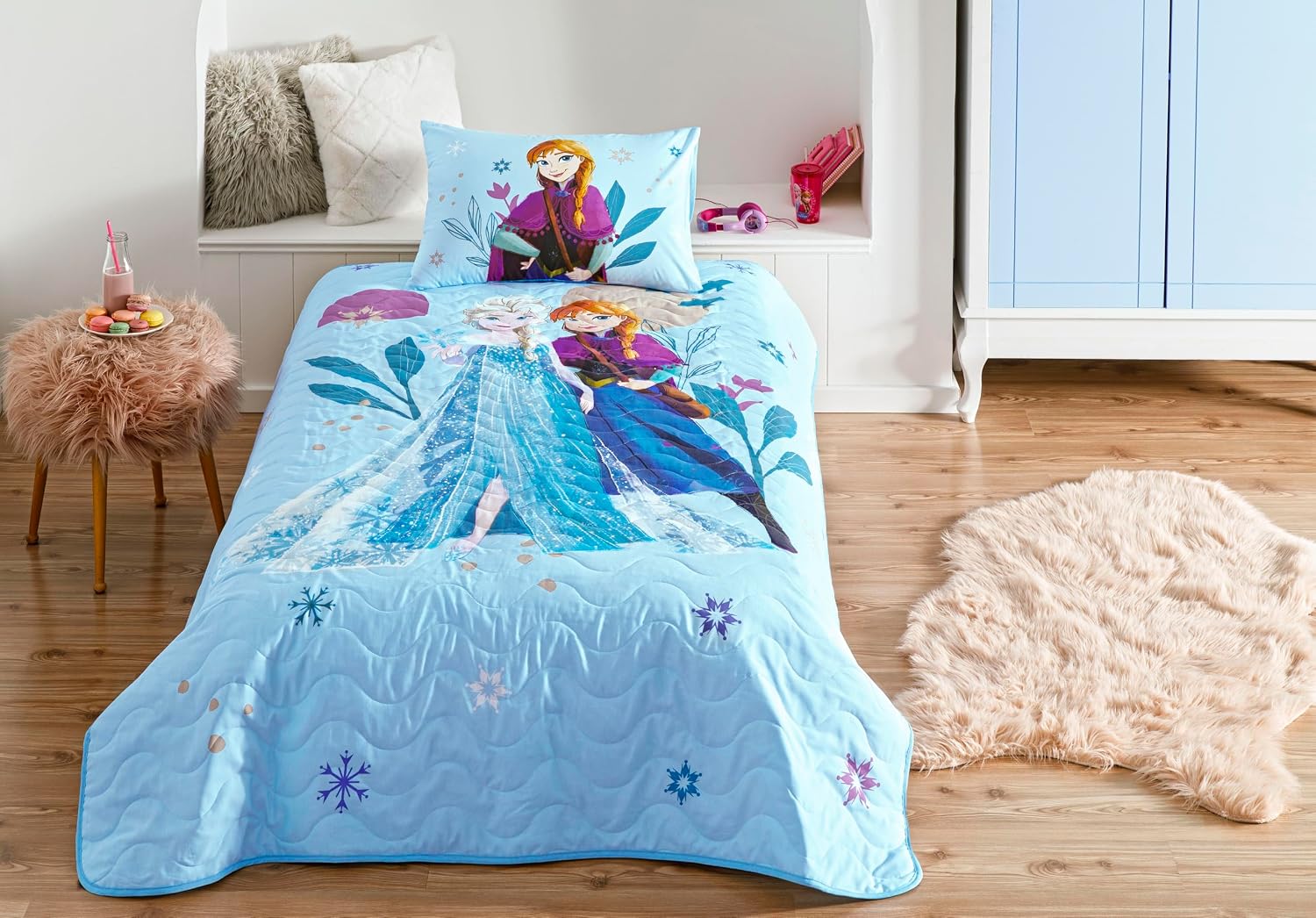 Disney Frozen Flower Power CPP Standart Pamuk-Polyester Nevresim Takımı, Mavi, Tek Kişilik