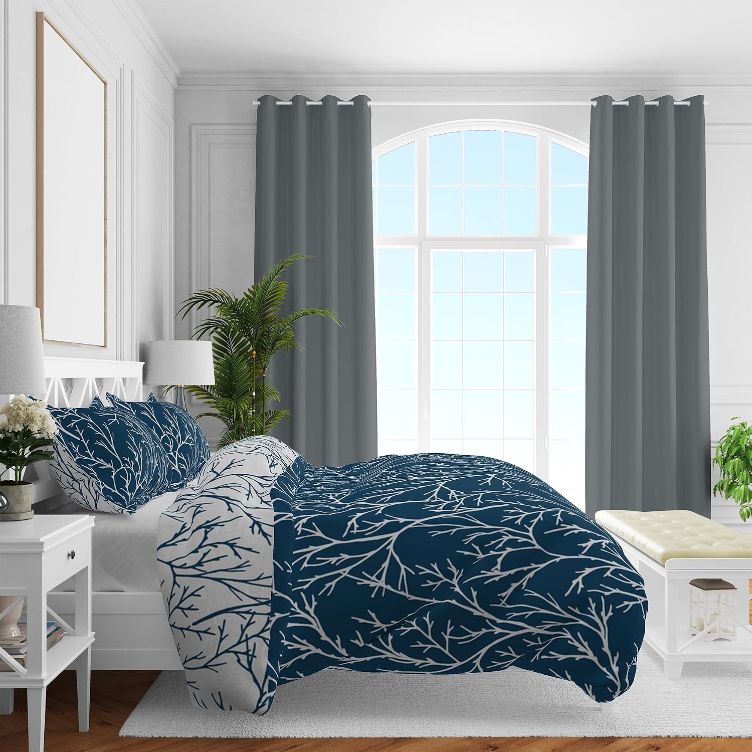 Desenli Pamuk Saten Nevresim Setleri, Lacivert, Queen Size