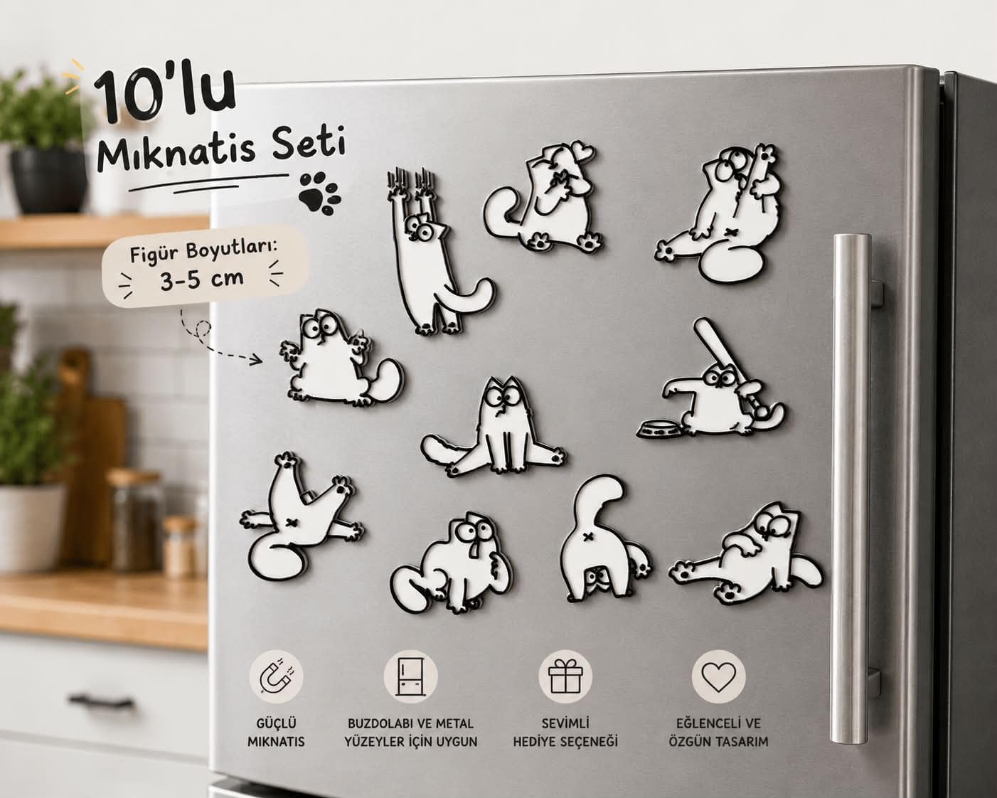 Yaramaz Kedi Mıknatıs Seti, Dekoratif Buzdolabı Magneti | 10'lu Paket, 3-5 cm