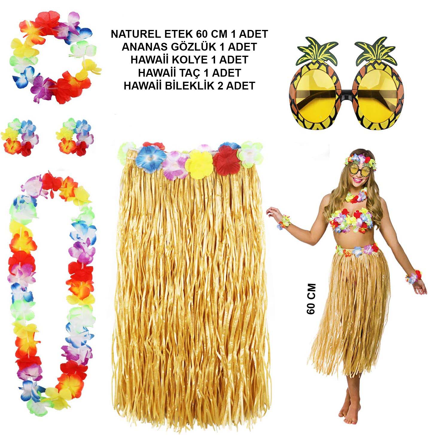 Hawaii Parti Kostüm Seti - 60 cm Hasır Etek, Çiçekli Aksesuarlar ve Ananas Gözlük