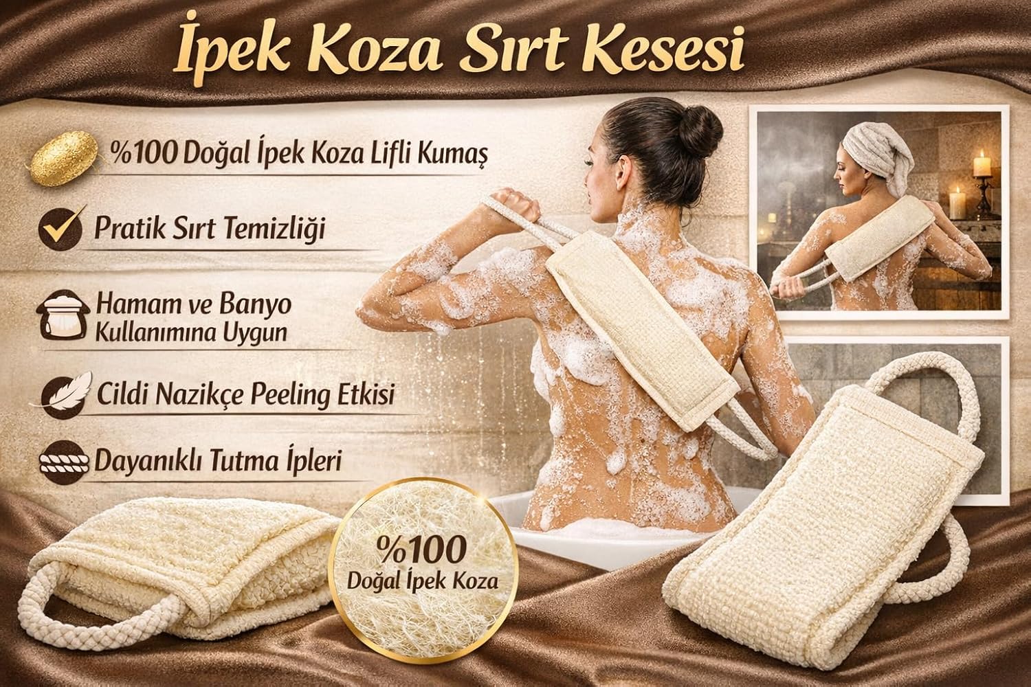 İpek Koza Sırt Kesesi, Doğal İpek Lifli Özel Dokuma, Çift Tutma İpli Ergonomik Tasarım, Hamam ve Banyo Kullanımına Uygun, Derin Peeling ile Ölü Deriyi Arındıran, Cildi Pürüzsüzleştiren Vücut Kesesi