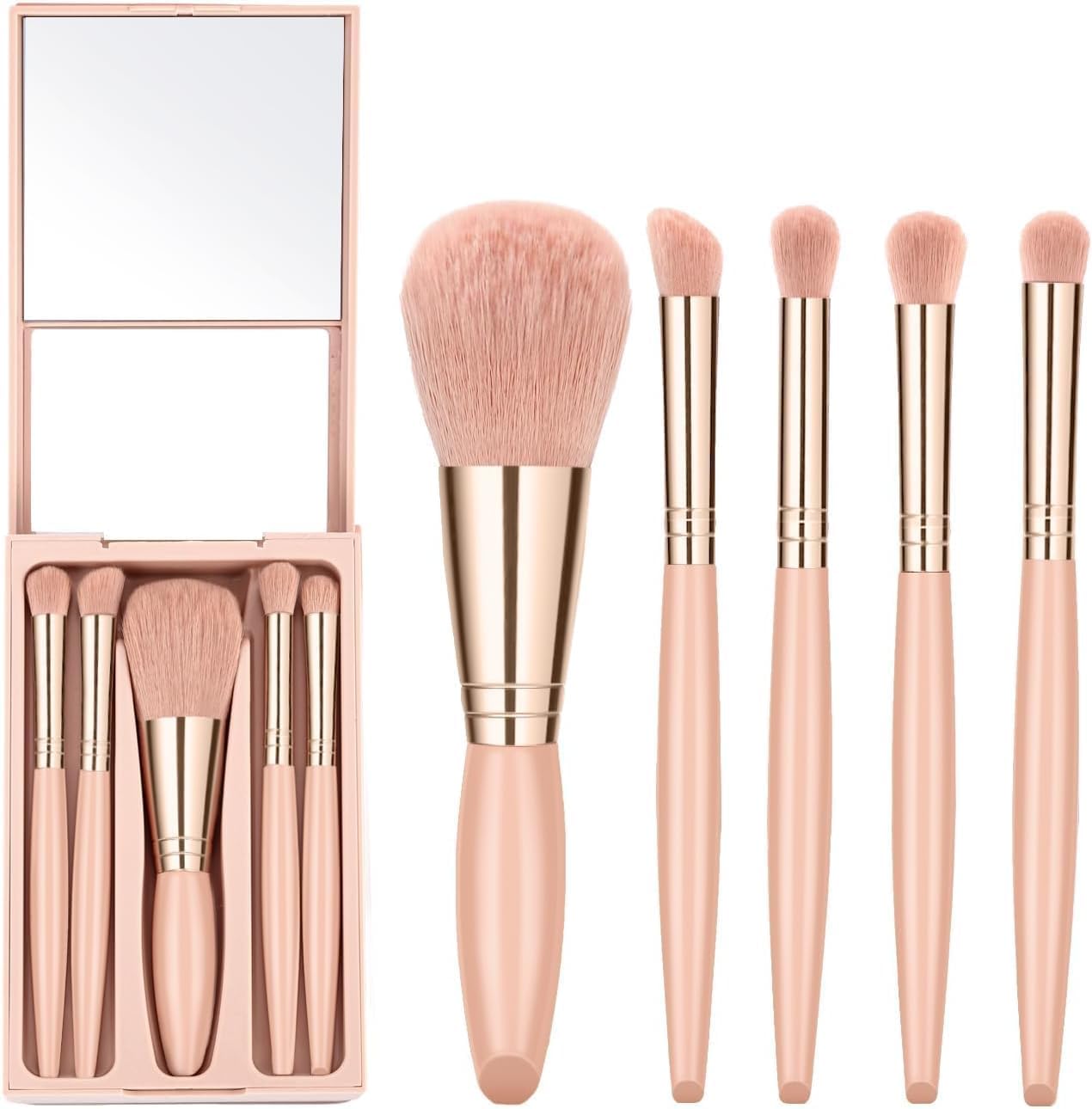 makyaj fırçaları, 5 PCS seyahat boyu mini set, aynalı saklama kutusu ile, pembe taşınabilir fırça, profesyonel yüz ve göz makyajı uygulaması için ideal, pratik çanta boyu günlük kullanım