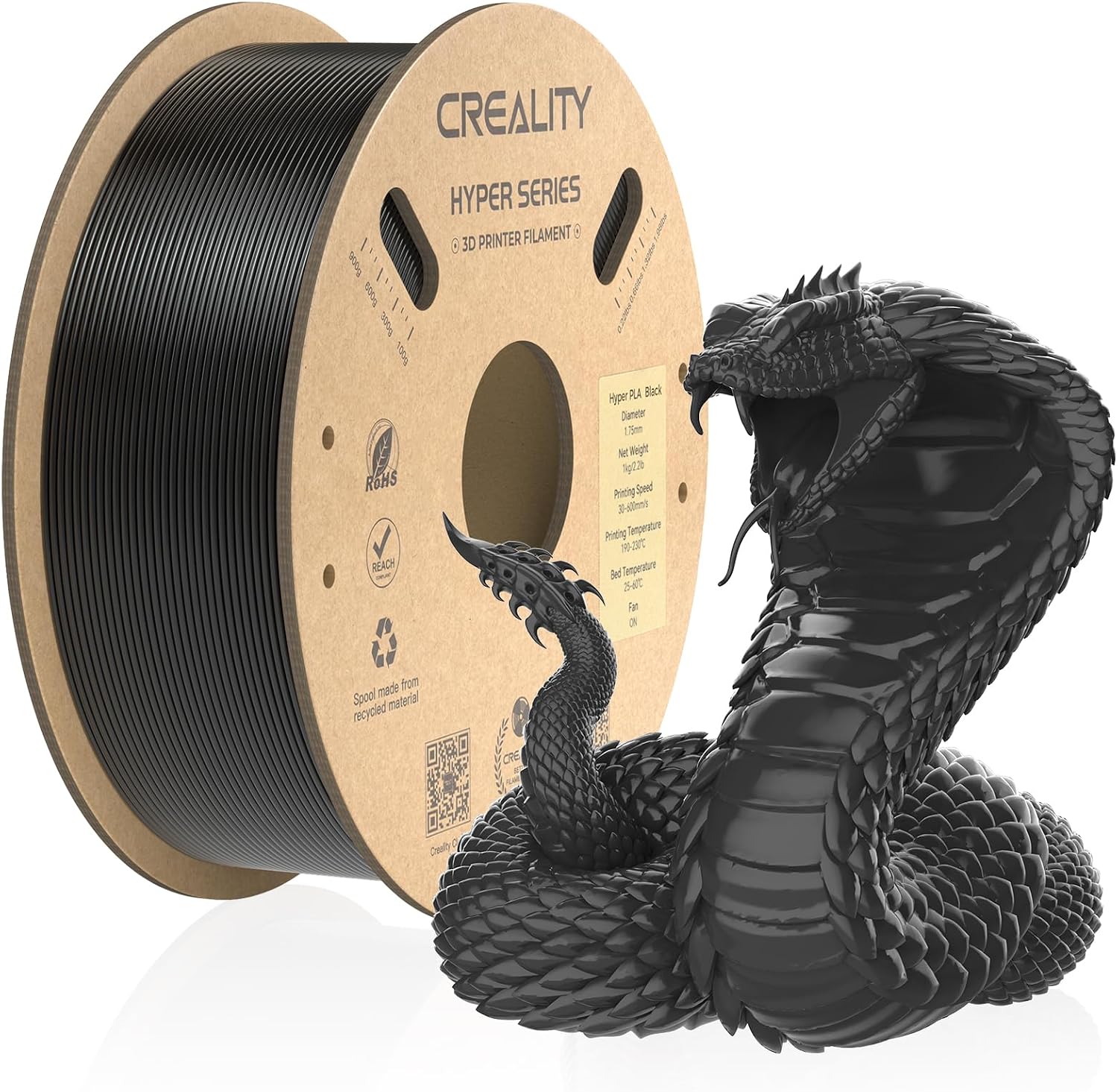 Resmi 3D yazıcı filamenti, Hyper PLA yüksek hızlı filament, 1,75 mm 3D baskı filamenti, yüksek hızlı baskı için, ölçü hassasiyeti +/-0,02 mm, 1 kg/makara - siyah