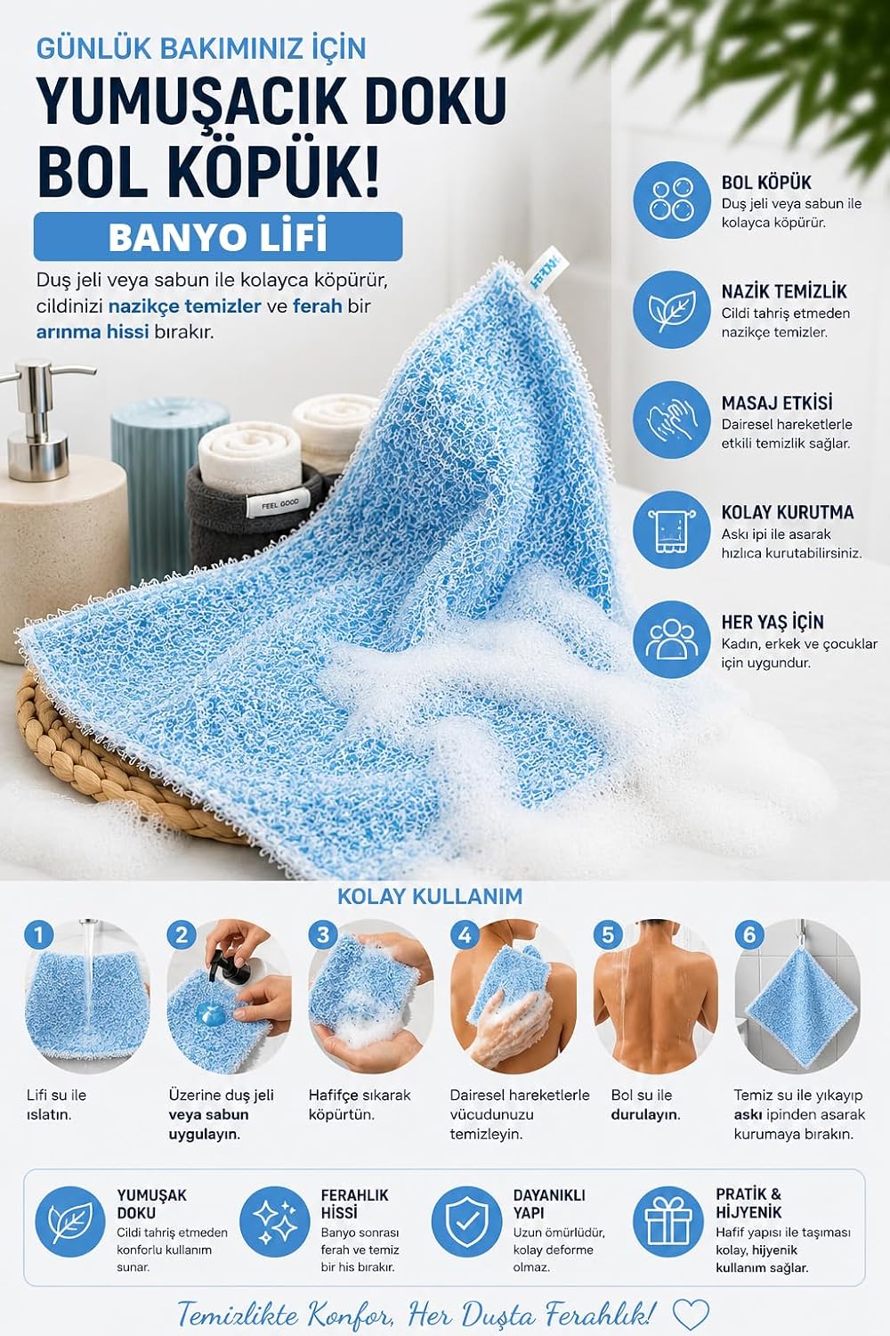 Banyo Lifi, | Yumuşak Dokulu, Bol Köpüren Vücut Temizleme Lifi | Askı İpli, Günlük Kullanıma Uygun Banyo Süngeri | Kadın Erkek Çocuk İçin 25x35CM (Mavi)