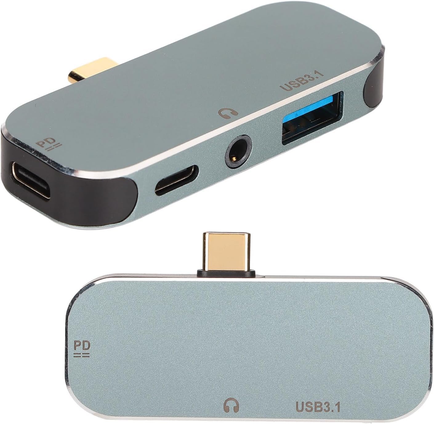 Mini Boy USB C Hub Adaptör, Galaxy S23 S24 S25 ile Uyumlu 3.5 Kulaklık Bağlantı Noktası Type-C Tipi USB 3.0 Çevirici Hub 5'i 1 arada 10Gbps 100W Alüminyum Alaşımlı Malzeme YX04