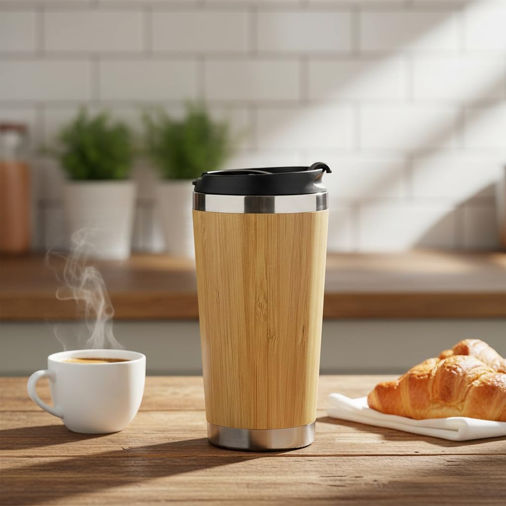 450 ml Bambu Kaplama Tabanlı Çelik Termos - Sıcak ve Soğuk Tutucu Gümüş Renkli Seyahat Bardağı (Mug)