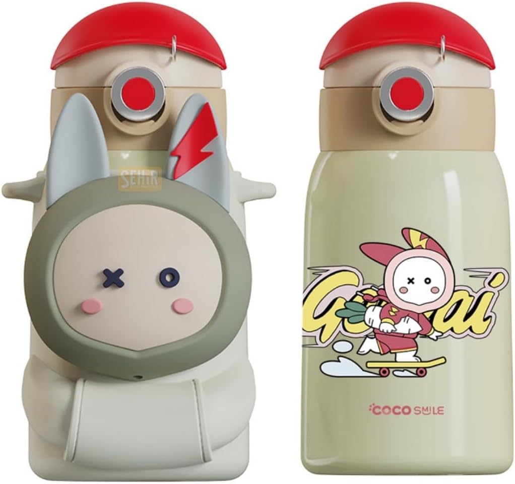 Cocosmile 470ml Sevimli Ses Çıkaran Kılıflı Pipetli Askılı Çelik Termos Çocuk Matarası
