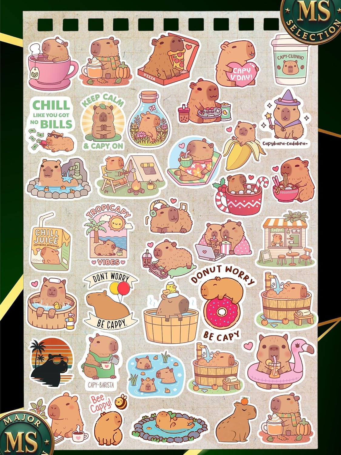 Capybara Sticker Seti 35’li – A5 2 Sayfa Suya Dayanıklı Laptop Telefon Etiket