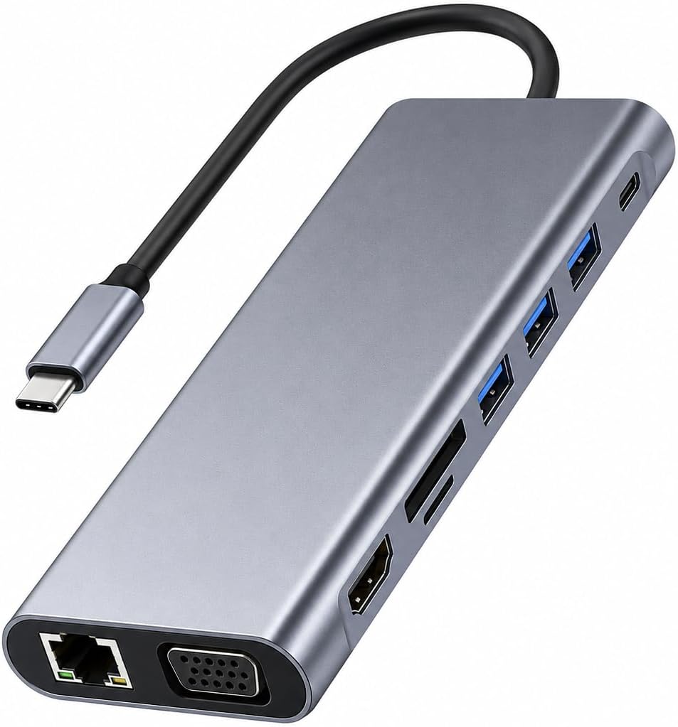 DENSHİ 11'i 1 Arada USB-C HUB Type-C Çoklayıcı | HDMI 4K, VGA, RJ45 Ethernet, SD/TF Kart Okuyucu, 100W PD Şarj, 4x USB 3.0 | MacBook, Laptop, Tablet Uyumlu