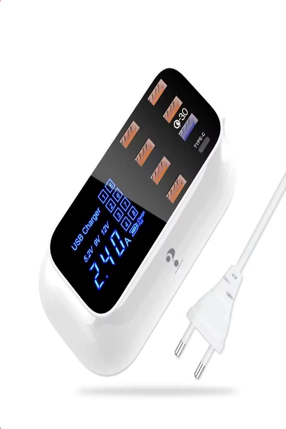DooLike 8 Port USB Hızlı Şarj İstasyonu QC 3.0 + Type-C Amper LED Göstergeli Akım Koruma 1.5m Kablo Beyaz