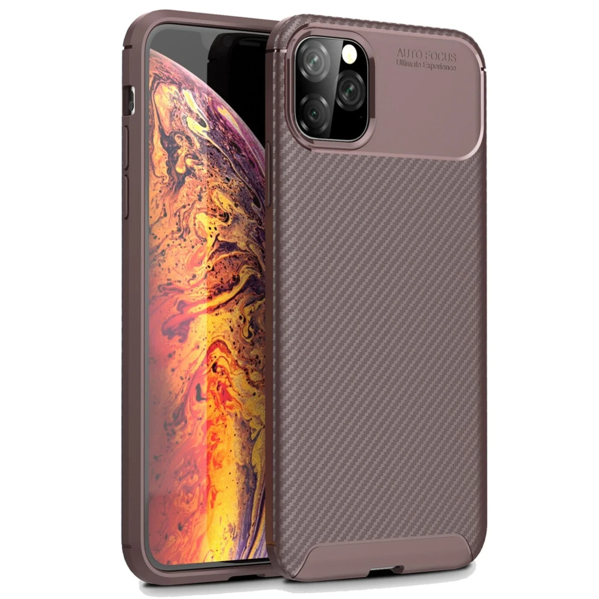Apple iPhone 11 Pro Max Kılıf Auto Focus Karbon Kapak - Kahverengi