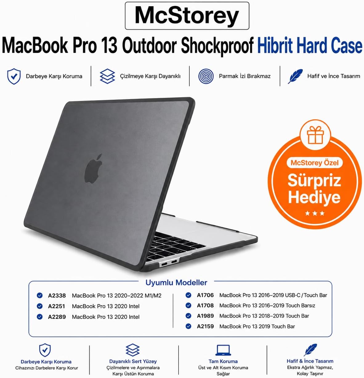 MacBook Pro 13 Darbe Korumalı Kılıf A1706 A1708 A1989 A2159 A2251 A2289 A2338 M1 M2 Uyumlu Mat Sert Kapak Koruyucu Kılıf Siyah