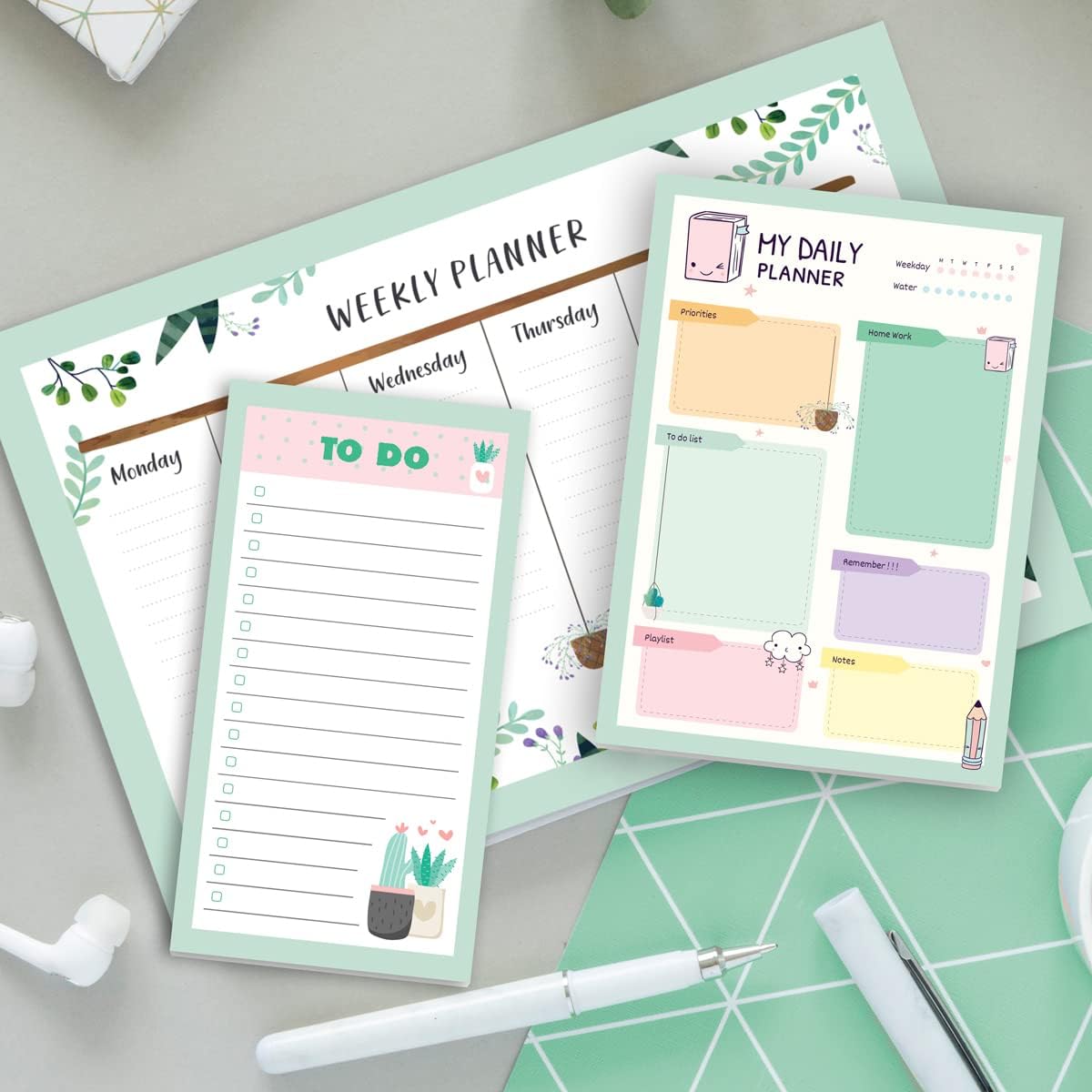 Haftalık, Günlük Planlayıcı Set - 50 Sayfa Tarihsiz Masaüstü Planner - Gençler, Kızlar, Yetişkinler için To Do List - 3 Parça - Green Serisi