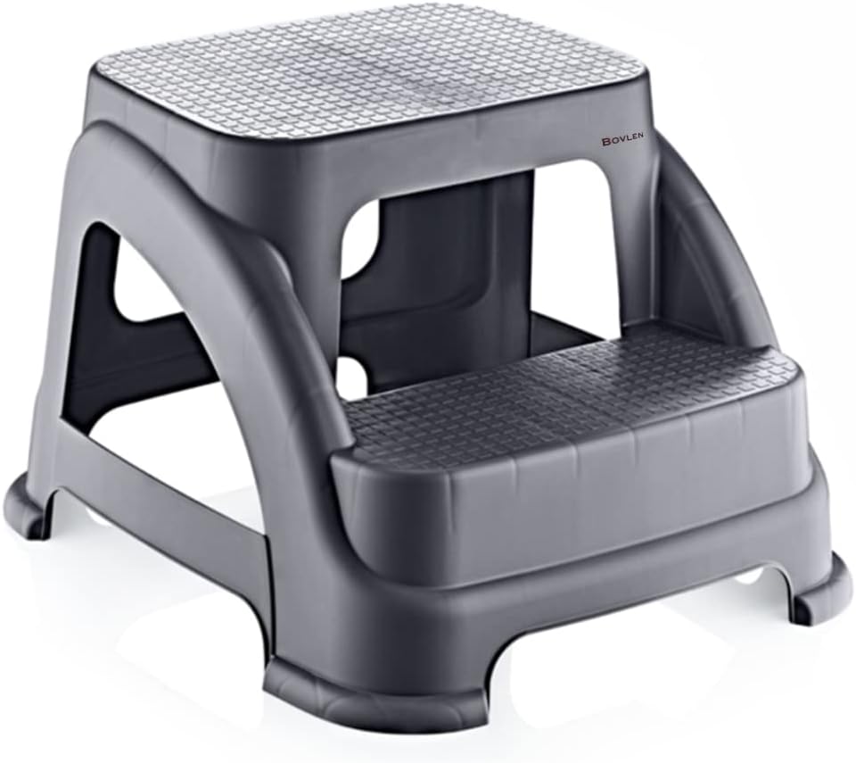İki Basamaklı Kaymaz Tabure - 120 KG Taşıma Kapasiteli - Basamaklı Tabure - Sert Plastik (Antrasit)