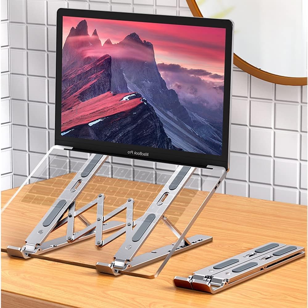 Katlanabilir Alüminyum Laptop Standı – 13 Kademeli Yükseklik Ayarlı, Telefon Tutuculu, Taşınabilir, Ergonomik, Isı Dağıtıcı, Kaymaz Silikon Destekli Notebook Sehpası