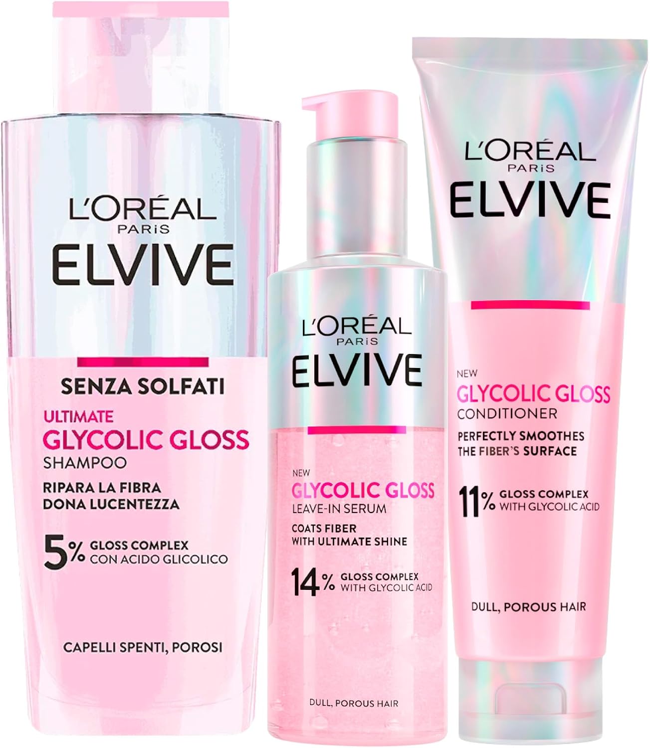 L’Oréal Paris Elvive Glycolic Gloss Saç Bakım Seti: Şampuan 200 ml, Saç Kremi 150 ml ve Durulanmayan Serum 150 ml, 3 Ürün