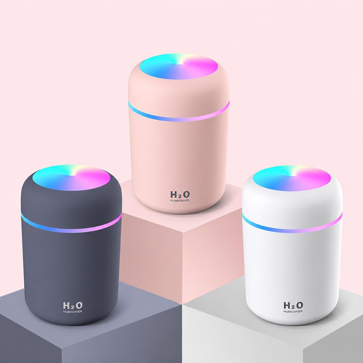 300 ml Mini USB Hava Nemlendirici ve Buhar Makinesi - LED Işıklı Taşınabilir Koku Giderici Masaüstü Difüzör, Ev, Ofis ve Araç İçi Nemlendirici (Karışık Renk: Beyaz, Pembe veya Siyah)