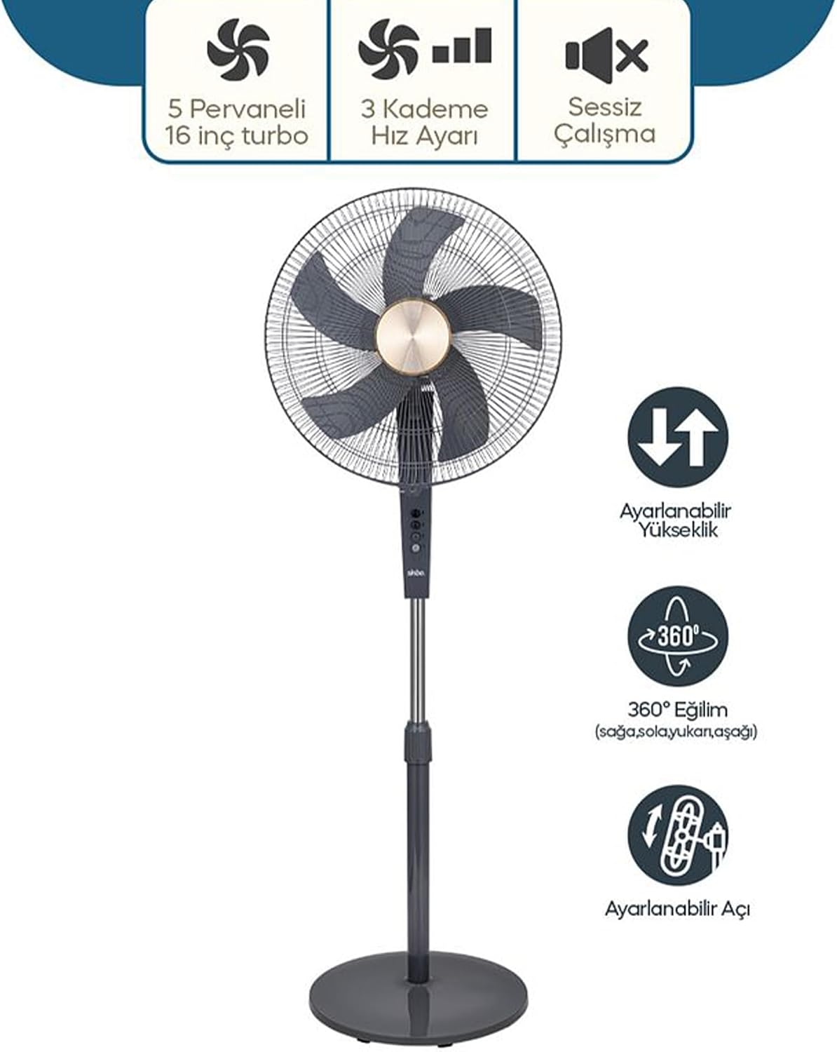 SF-6788 Ayaklı Vantilatör, 3 Kademeli - 40 cm (16 İnç) Çap, 75W Yüksek Performanslı Alüminyum Motor, Ayarlanabilir Yükseklik ve Geniş Açı Salınım, Güçlendirilmiş Dengeli Haç Ayak