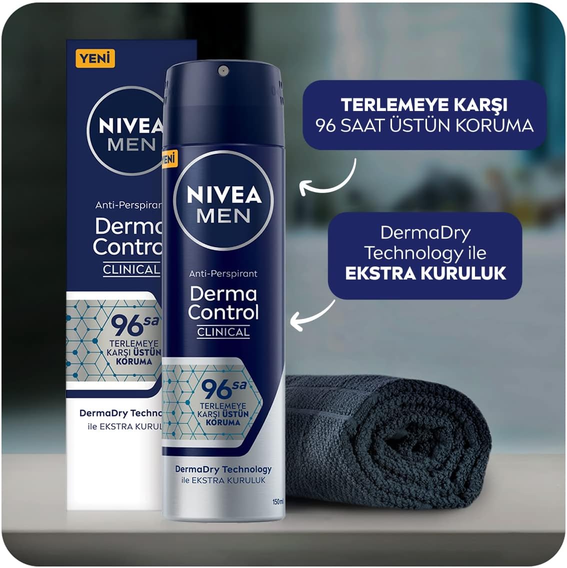 MEN Erkek Sprey Deodorant Derma Control Clinical 150 ml, 96 Saat Antiperspirant Koruma,Ekstra Kuruluk,Alkolsüz