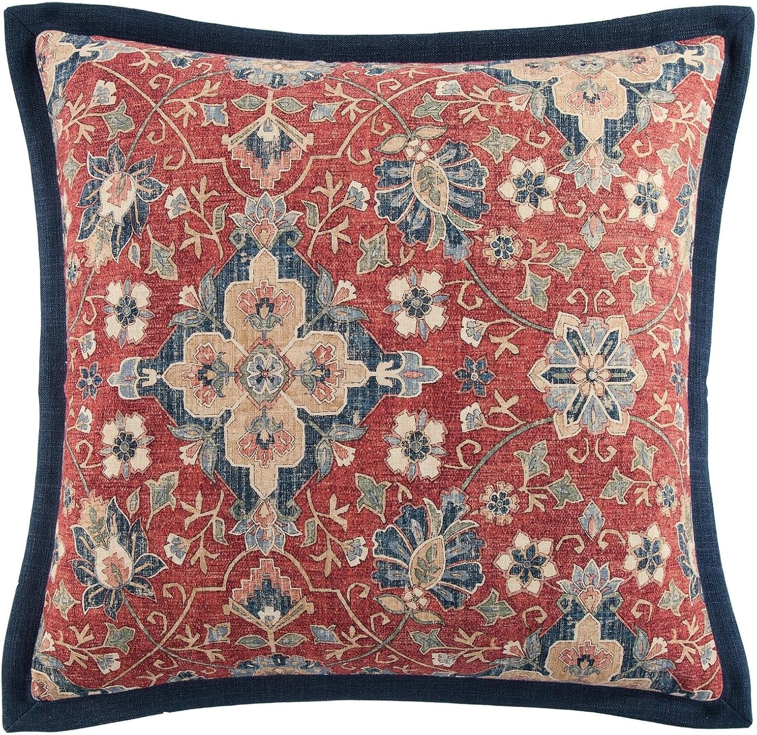 HiEnd Vurgulu Yıkanmış Keten Melinda Euro Yastık Kılıfı, 68,5 x 68,5 cm, Lacivert ve Kırmızı, Çiçekli Madalyon Rustik Geleneksel Batı Tarzı Lüks Yatak Takımı