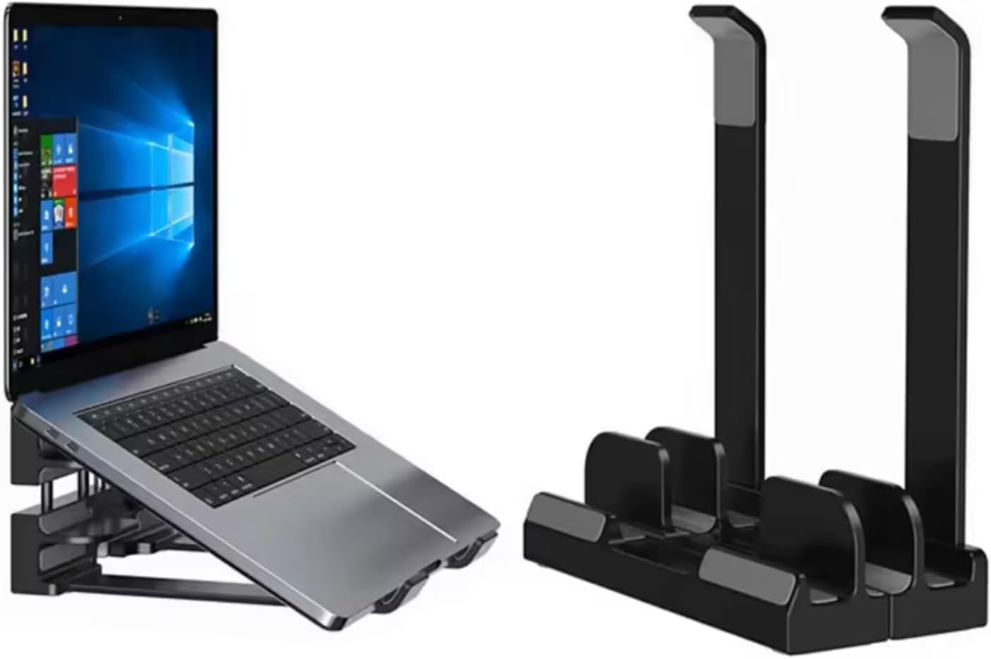Laptop Stand Dikey ve Eğimli 3 Slotlu Ayarlanabilir Masaüstü Organizer Telefon Tablet Uyumlu Kaymaz Silikon Pedli Ergonomik Masa Düzenleyici PVC TPU Alaşım Siyah