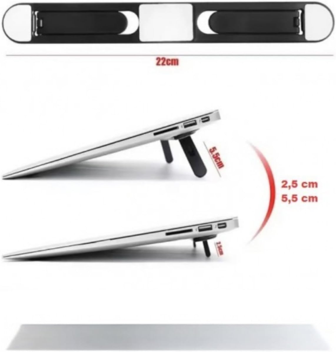 2 Kademeli Katlanabilir Laptop Standı, Yapışkanlı, Siyah, 22cm Uzunluk, Ayarlanabilir Yükseklik