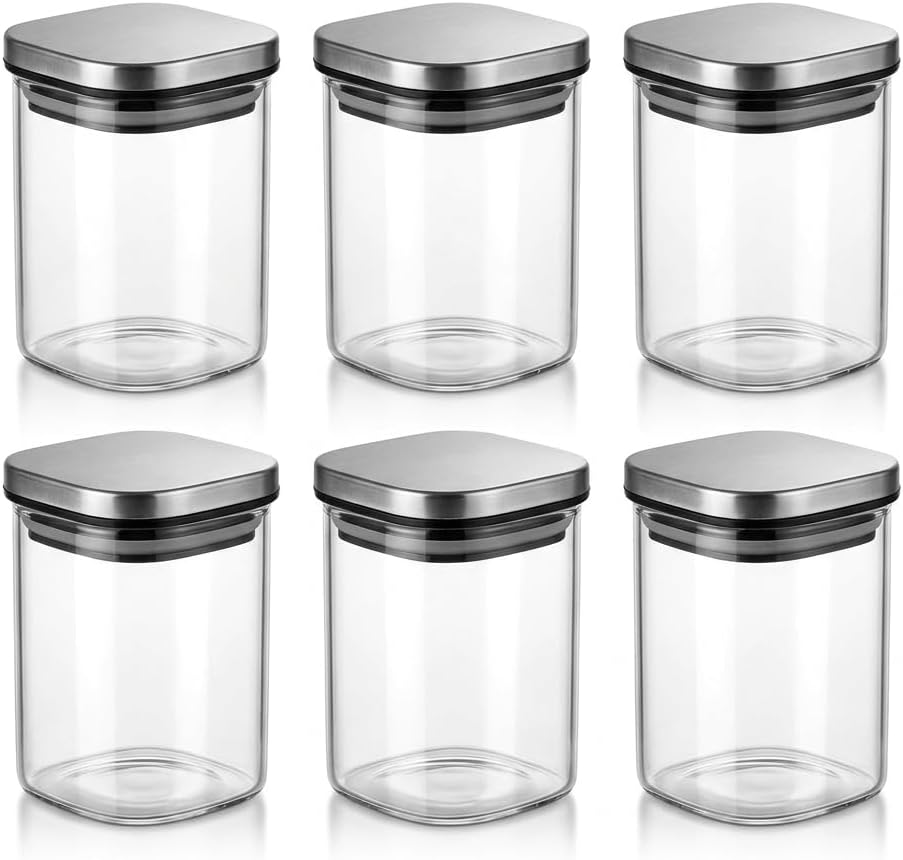 6 lı Kare Cam Kavanoz Seti, Paslanmaz Çelik Kapaklı Şeffaf Saklama Kabı, Baharat ve Kuru Gıda Organizeri, 9cm x 6,5 cm 200ml