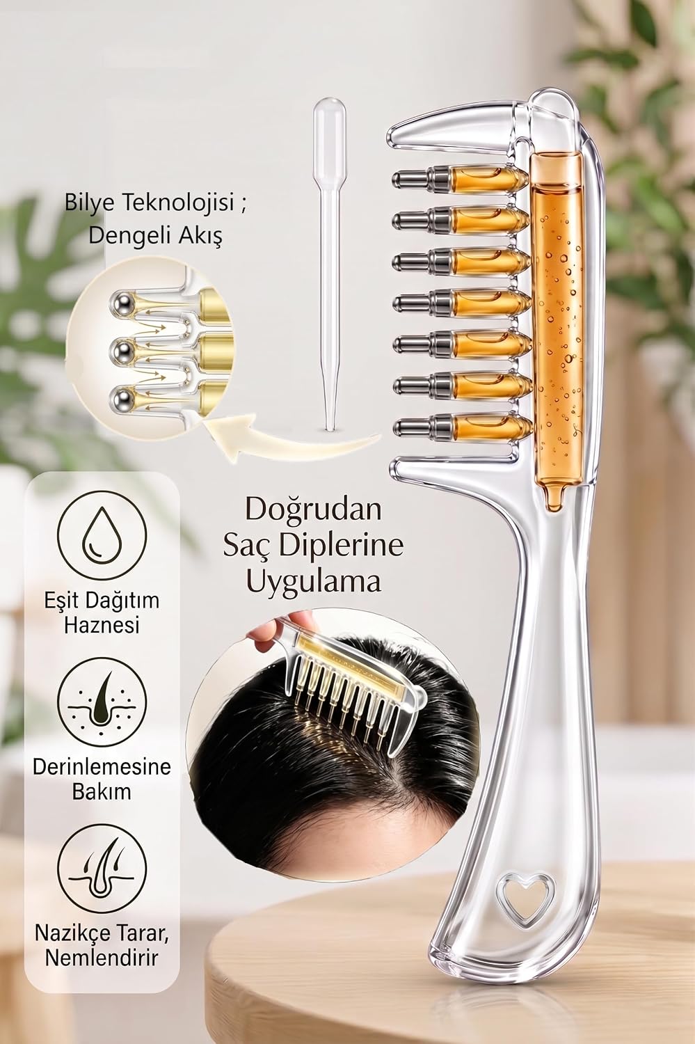 Serum Dağıtıcılı Saç Bakım Tarağı - Saç Kökü Besleyici ve Masaj Etkili Yağ Aplikatörü - Saç Bakım Fırçası