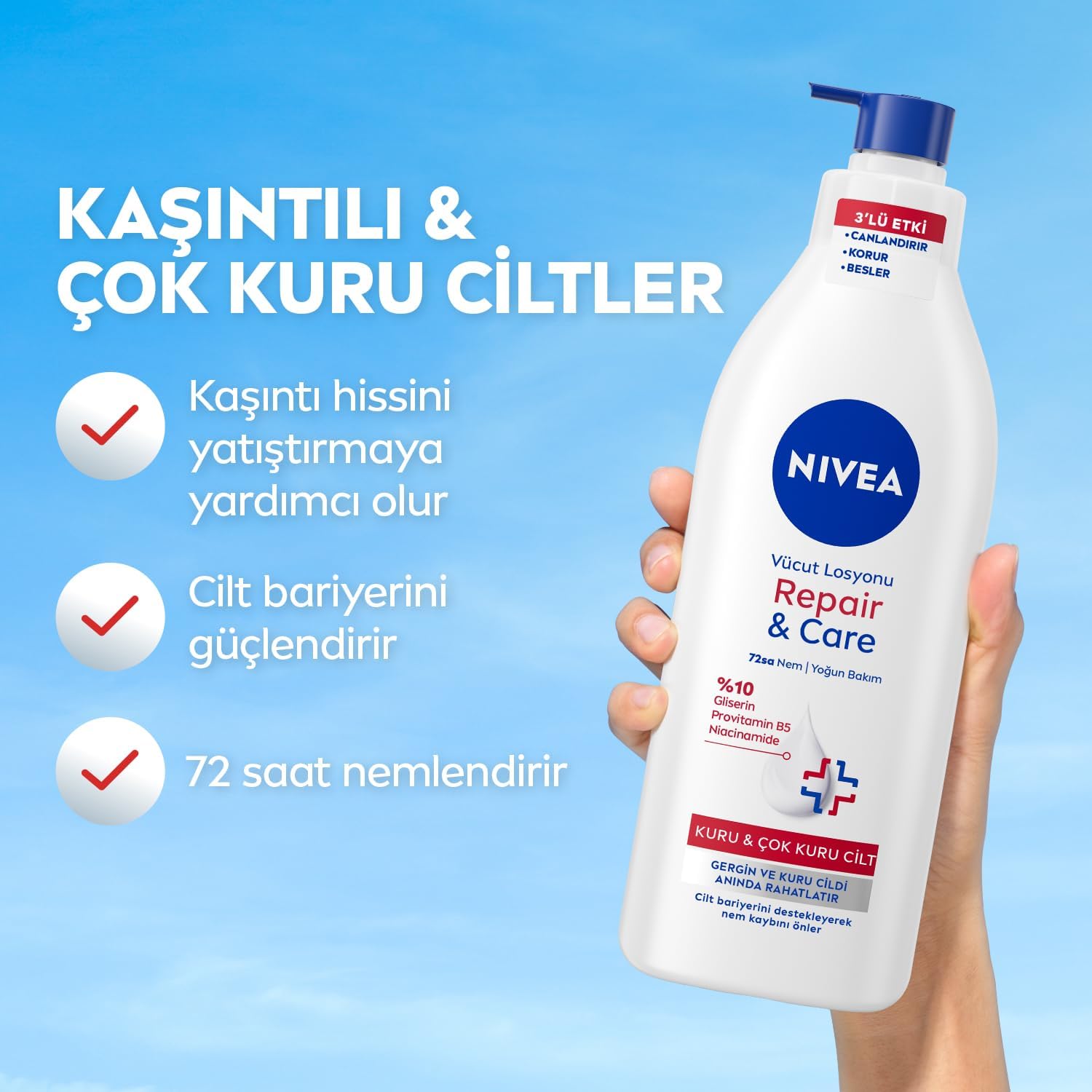 Yoğun Nemlendirici Repair & Care Vücut Losyonu 400ml, 72 Saat Nemlendirime, Kaşıntılı ve Hassas Ciltlere Özel, Onarıcı, Gliserin,Pro Vitamin B5,Niasinamid,Kuru Ciltler