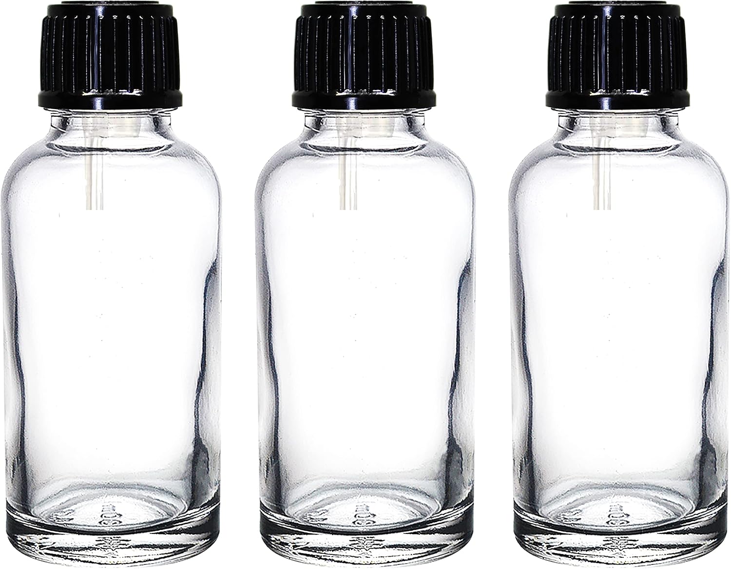 30 ML Şeffaf / Şeffaf Yuvarlak Boş Cam Şişe + Euro Damlalık + Siyah Kapak, Doldurulabilir, Uçucu Yağlar İçin Sızdırmaz, Kendin Yap Parfümleri (3'lü Paket)