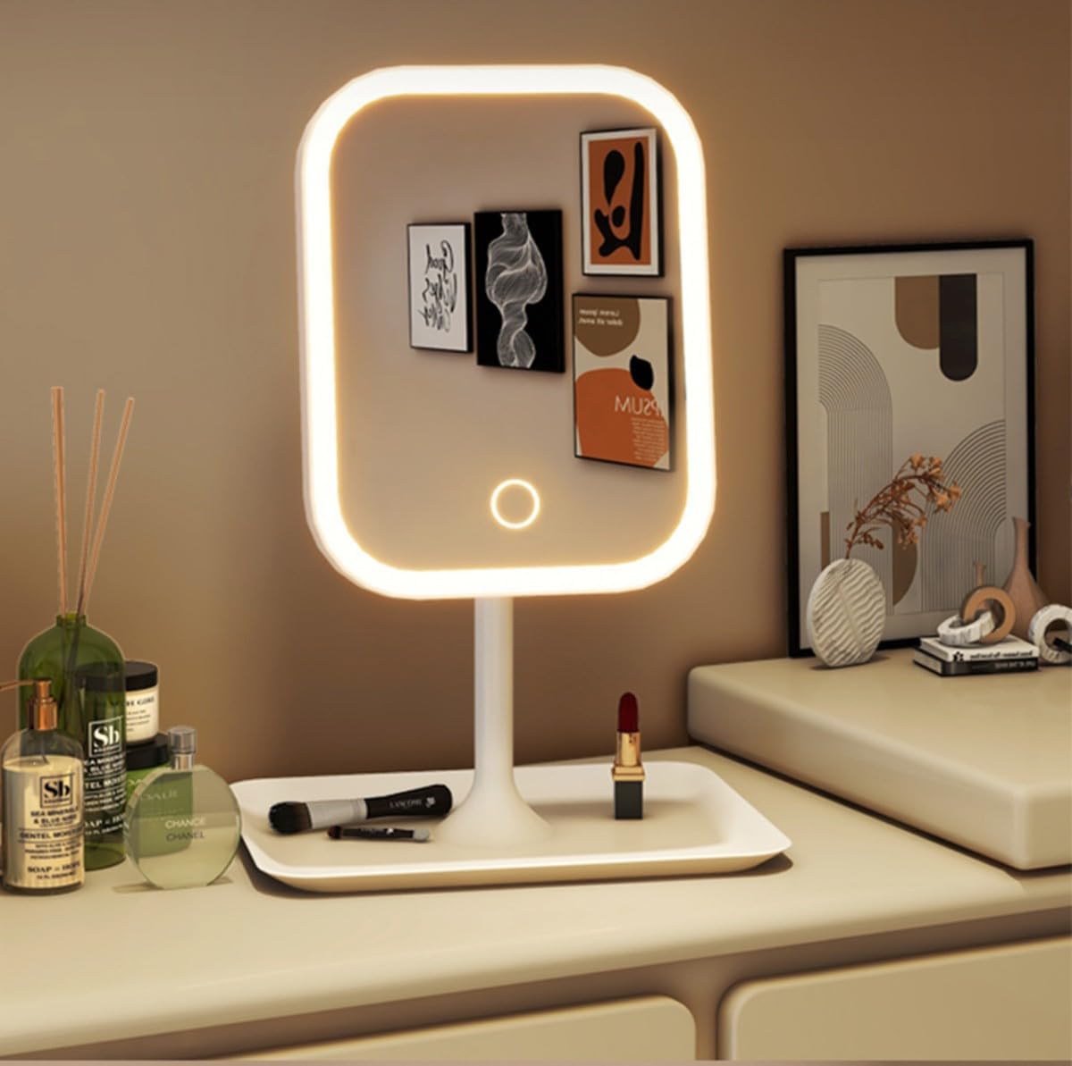 Led Işıklı Ayarlabilir Makyaj Aynası, USB Şarj Edilebilir, 3 Işık Fonksiyonu, Parlaklık Ayarlı ve Organizer Tabanlı Taşınabilir Kozmetik Ayna (Beyaz)