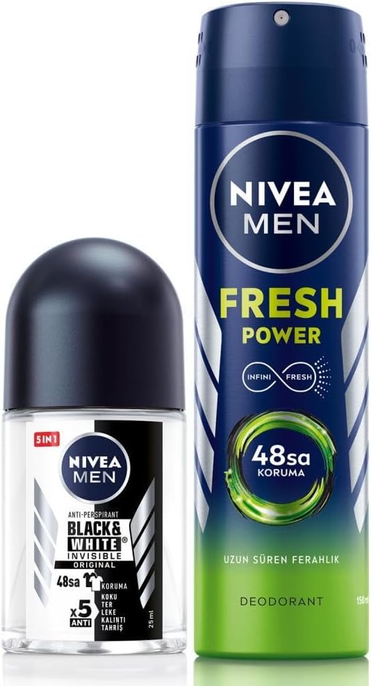 MEN Erkek Sprey Deodorant Fresh Power 150ml ve Mini Roll-on Black&White Original 25ml, Ter Karşıtı
