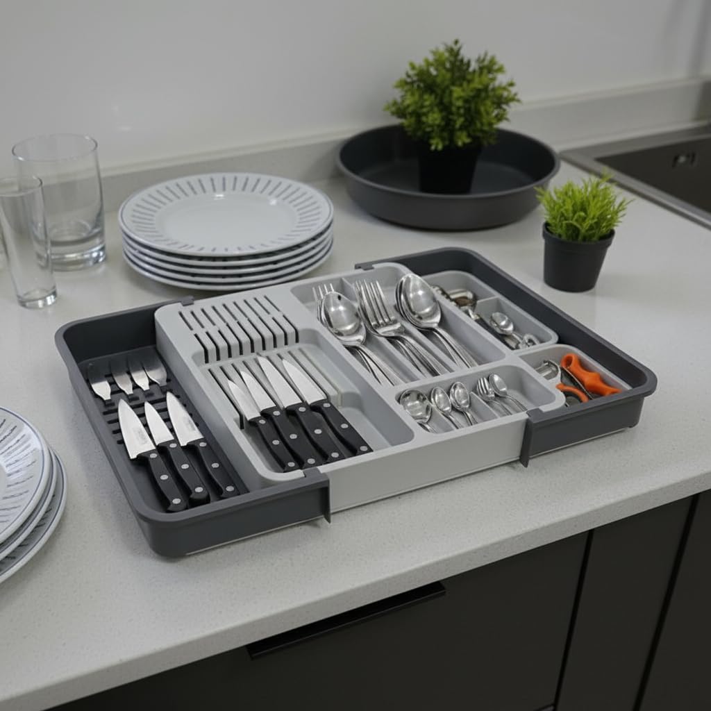 Çekmece İçi Sürgülü Çatal Kaşık ve Bıçaklık Organizeri - Genişleyebilir Modüler Mutfak Düzenleyici (Açık 55 cm, Kapalı 34 cm) - Açık Gri ve Antrasit Renk