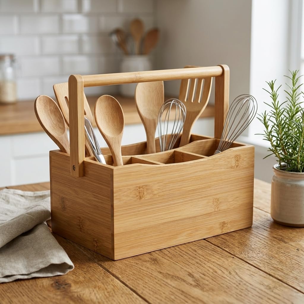 4 Bölmeli Bambu Kaşıklık ve Organizer - Tezgah Üstü Çatal Bıçak Düzenleyici Taşıma Kulplu Servis Standı (23 x 16 x 12 cm)