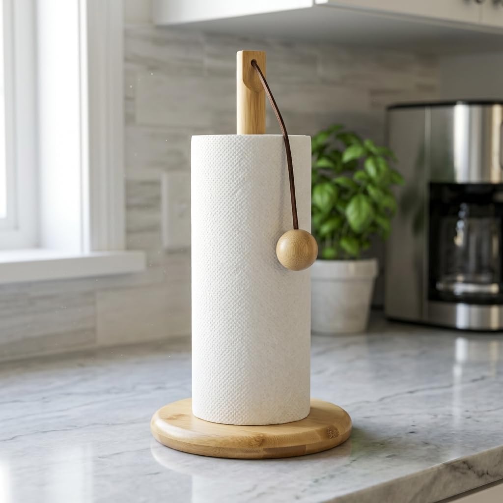 Doğal Bambu Bohem Top Tutacaklı Kağıt Havluluk - Dekoratif Ahşap Stand (30x14 cm, Kahve ve Bambu Renk Seçenekli, 1 Adet) (DOĞAL)