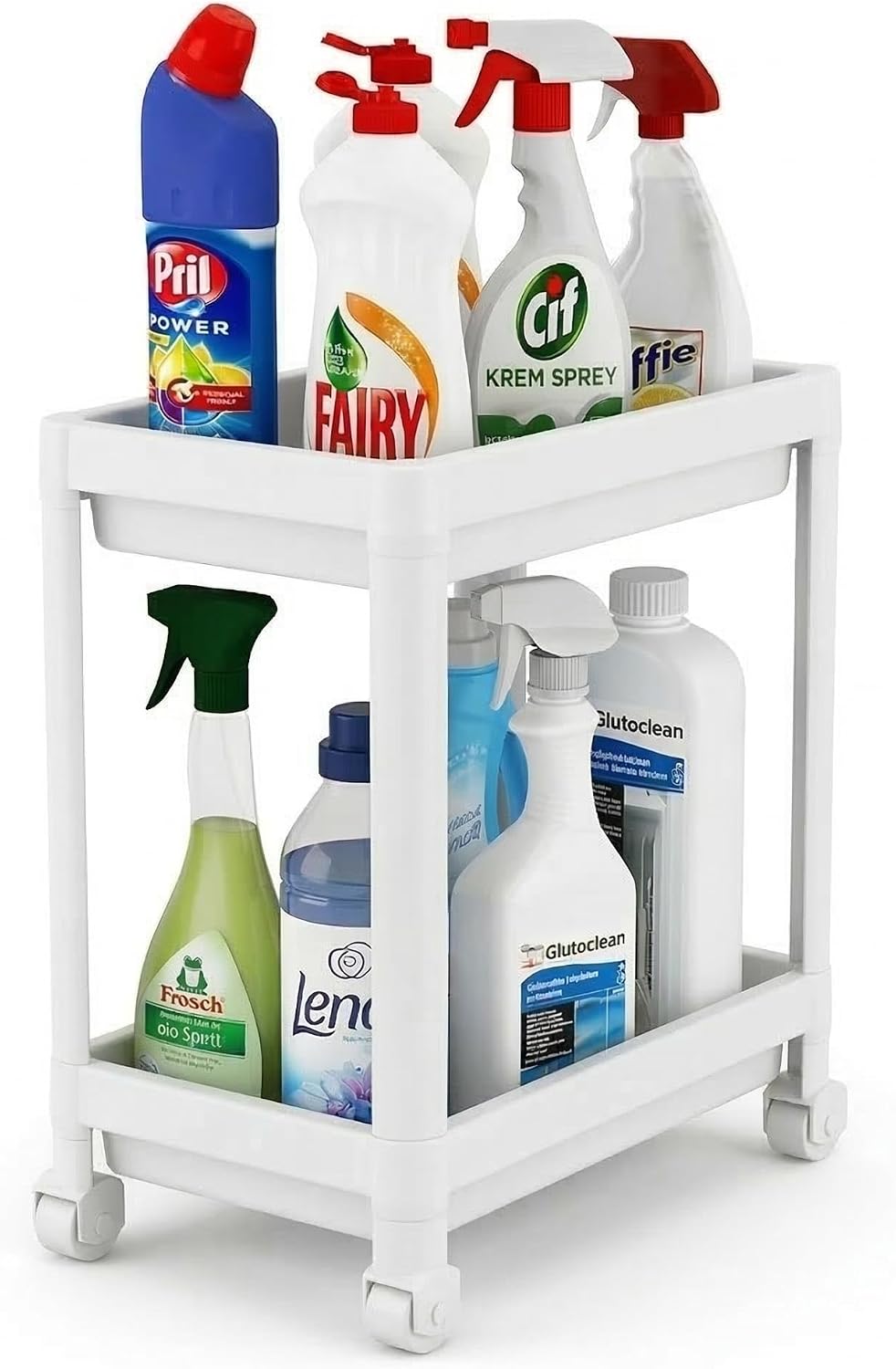 2 Katlı Tekerlekli Tezgah Altı Raf Organizer Düzenleyici Raf Ünitesi, Evye Altı Dolap İçi Düzenleyici, Mutfak Banyo Deterjanlık Şampuanlık Sebzelik,Taşınabilir Saklama Rafı (Beyaz)