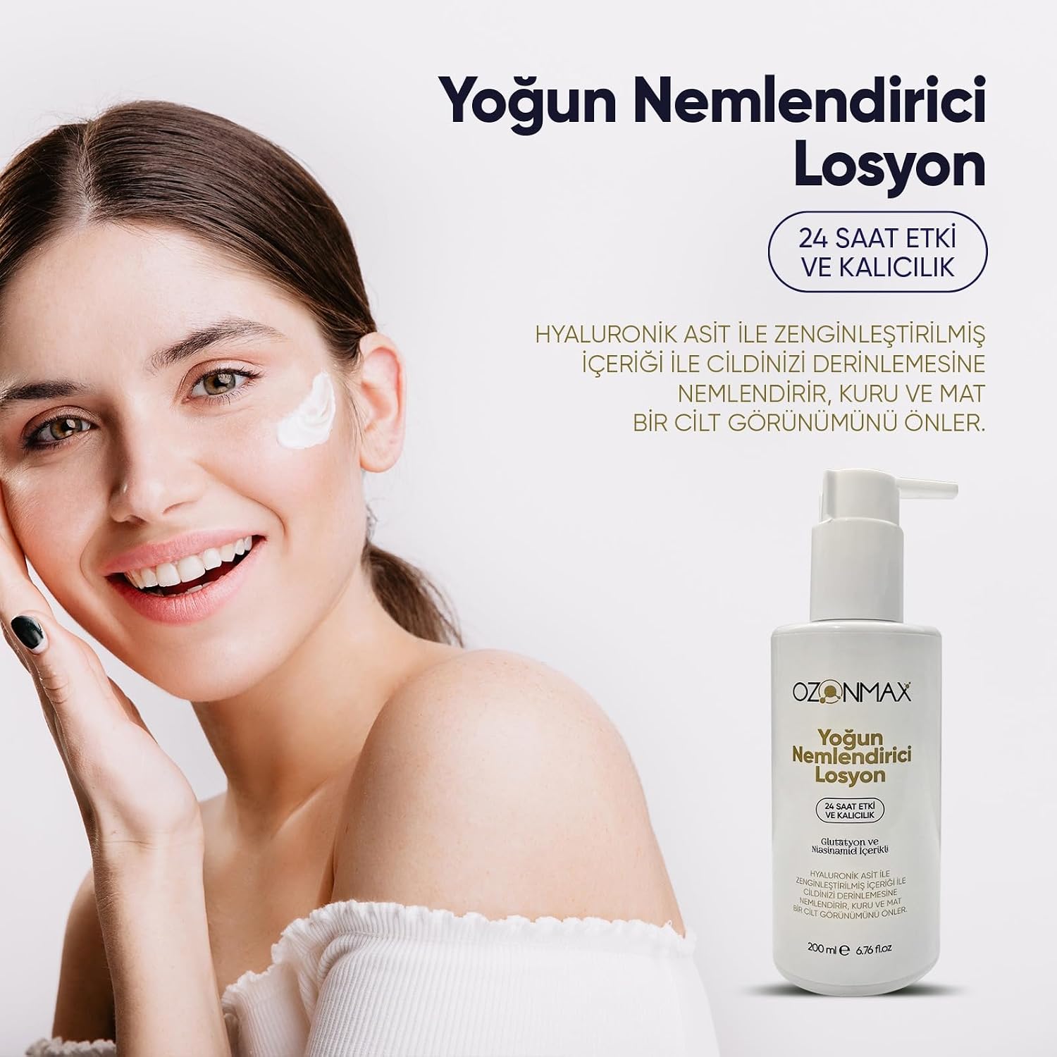 Yoğun Nemlendirici Losyon Glutatyon ve Hyaluronik Asit ile Güçlendirilmiş İçerigiyle.