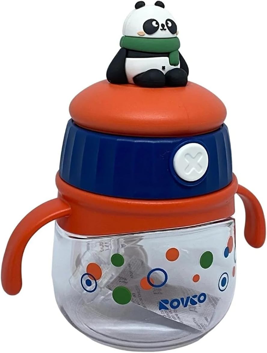 Rovco 240ml Pipetli Hayvan Kapaklı Akıllı Pipet Toplu Tritan Su Matarası (Turuncu Panda)