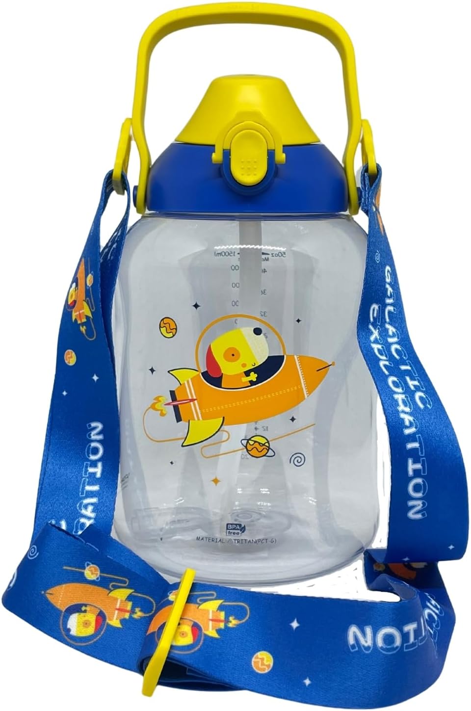 Uzspace 1500ml Mega Boy Askılı Kulplu Pipetli/Pipetsiz Kullanım Tritan Çocuk Su Matarası (Mavi-Sarı)