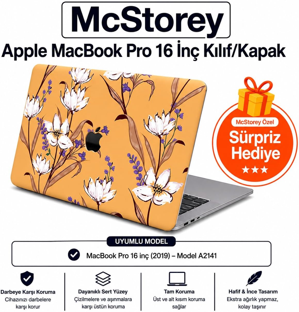 MacBook Pro 16 Kılıf Baskılı Sert Hard Case İnce Hafif Darbe Çizilme Koruma Mat Yüzey Uyumlu MacBook Pro A2141 2019 Sarı