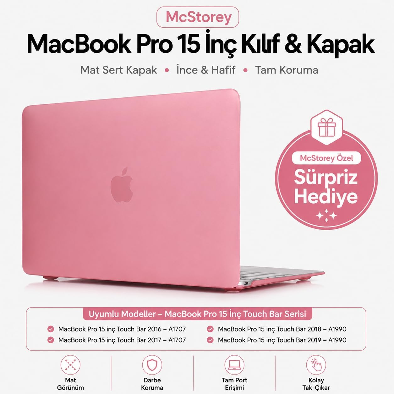 MacBook Pro 15 Mat Kılıf A1707 A1990 Uyumlu Sert TPU Kılıf İnce Hafif Koruyucu Kapak 2016-2019 Şeffaf Pembe