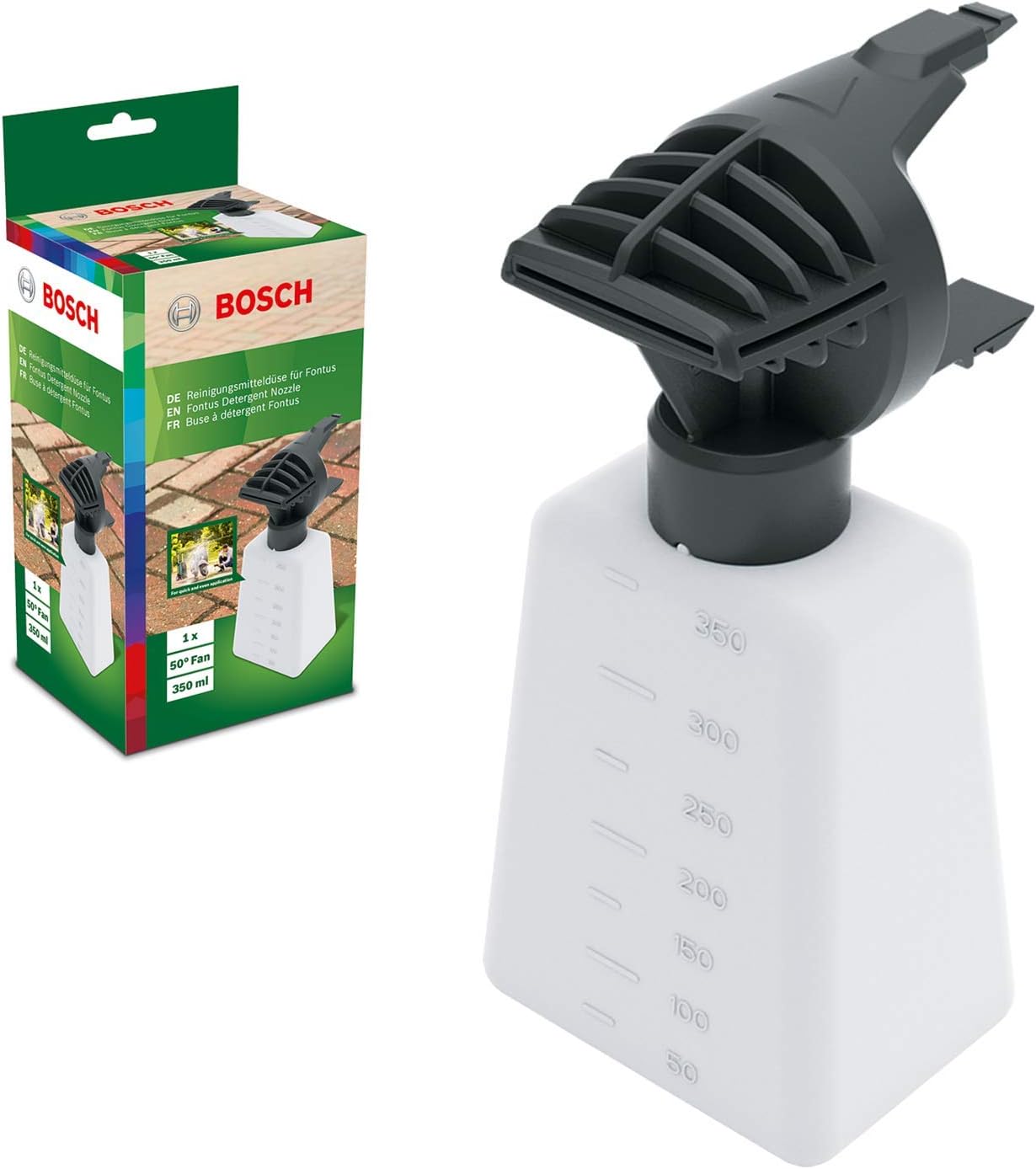yüksek basınçlı temizleyici için aksesuar (Bosch Fontus başlığı, püskürtme temizleme maddesi başlığı, şişe kapasitesi: 350 ml, kartonda)