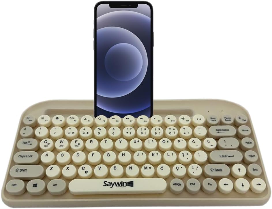 Bluetooth Klavye Renkli Retro Kablosuz Klavye Daktilo Görünümlü Tuş Tasarımı Şık ve Kullanışlı Telefon Koyma Gözü Pilli Türkçe Q Klavye SW-05 (Krem)