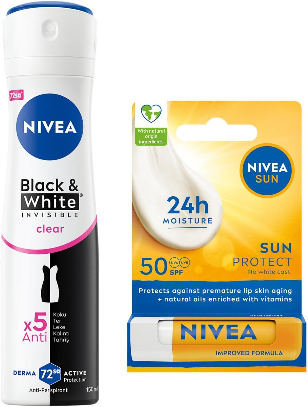 Kadın Sprey Deodorant Black&white Invisible Clear 150ml Ve Yüksek Güneş Korumalı Dudak Bakım Kremi