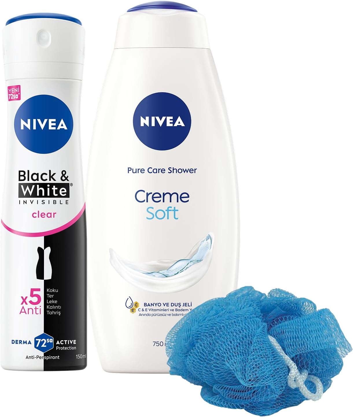 Kadın Sprey Deodorant Black&White Invisible Clear 150ml ve Creme Soft Duş Jeli 750ml, Lif Hediyeli