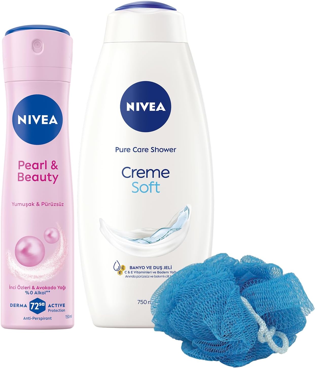 Kadın Sprey Deodorant Pearl&Beauty 150ml ve Creme Soft Kremsi Dokunuş Duş Jeli 750ml, Lif Hediyeli