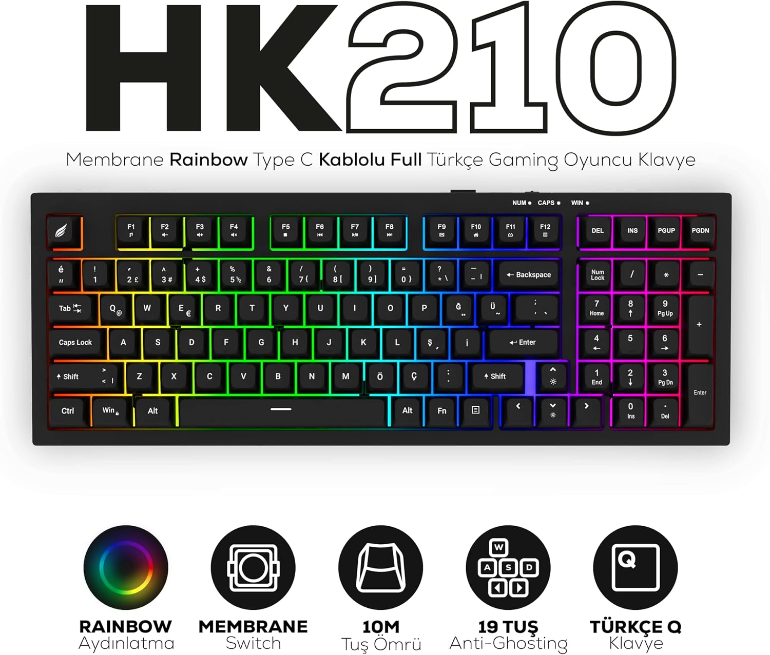 HK210 Membrane Rainbow Type C Kablolu Full Türkçe Gaming Klavye (Siyah)